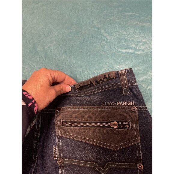 PARISH JEANS‎ health wealth wisdom & men Sz 40 Blue With Black Trim, Wide leg - Picture 13 of 16